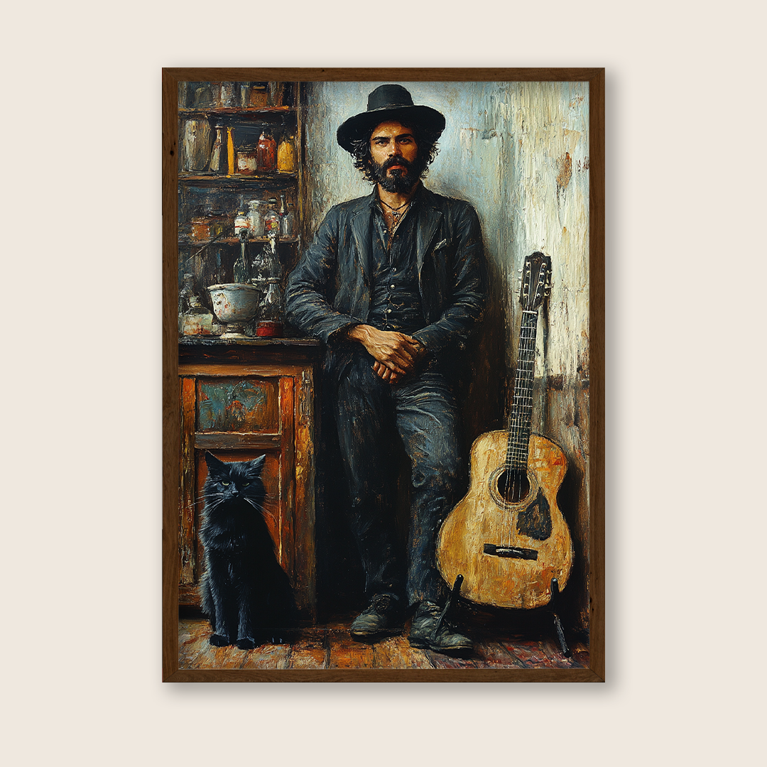 Cowboy Guitarist with Persian Cat