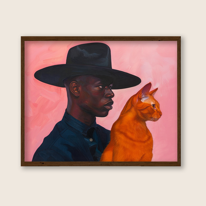 Black Serious Looking Man And Mysterious Orange Cat