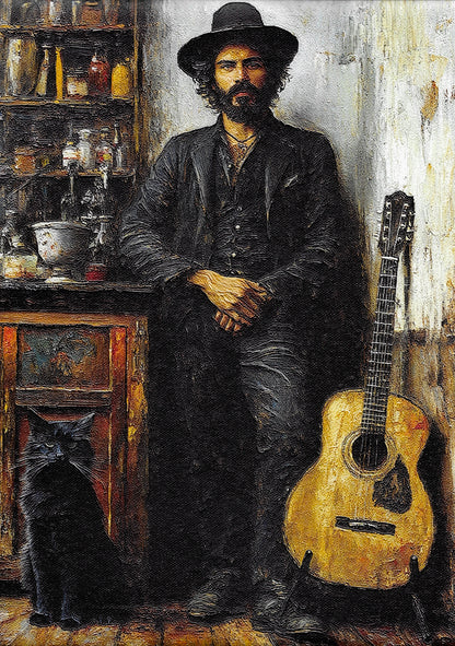 Cowboy Guitarist with Persian Cat