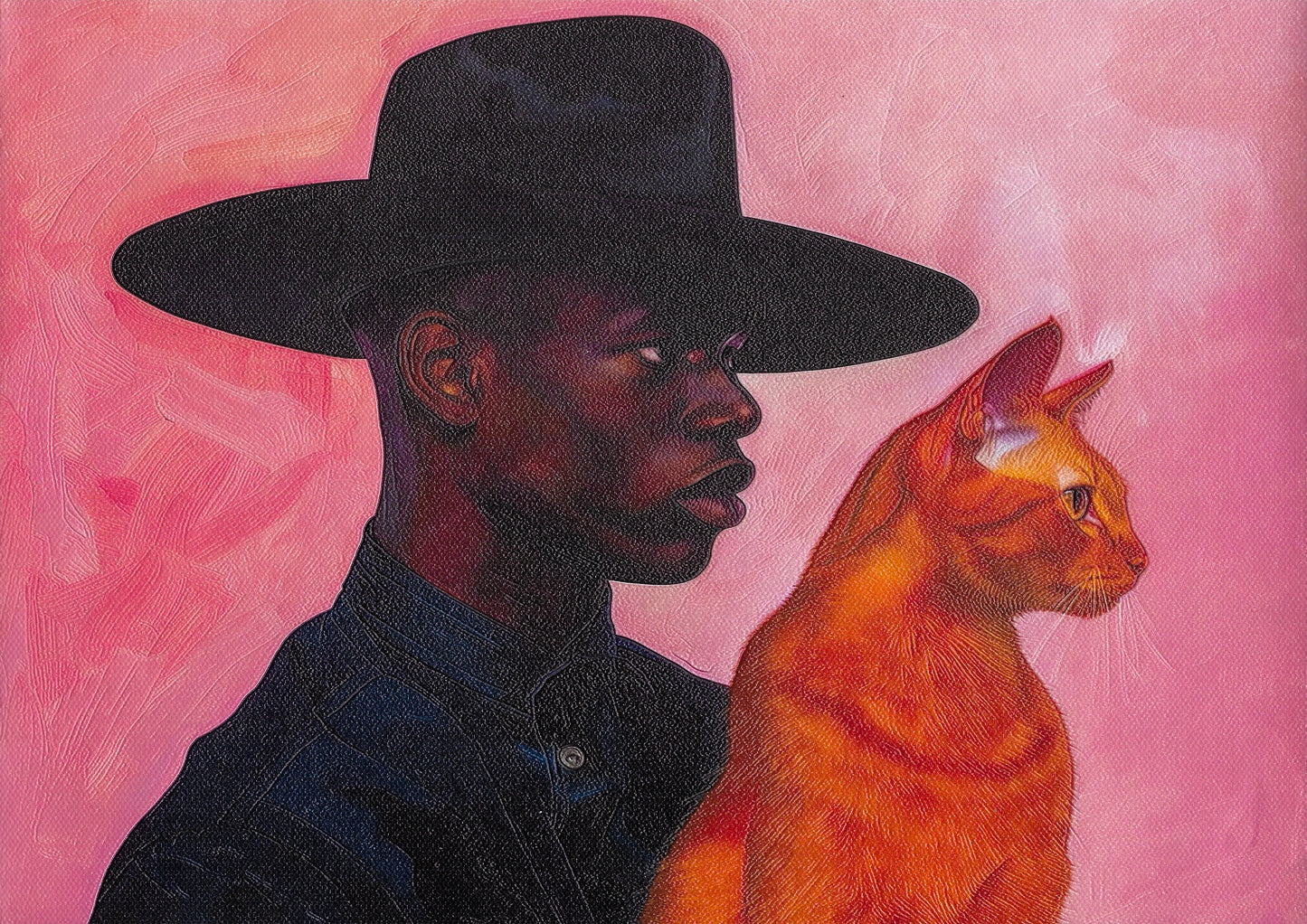 Black Serious Looking Man And Mysterious Orange Cat